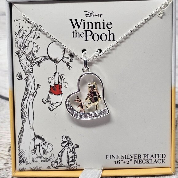 NEW Disney Winnie the Pooh & Piglet Best Friends Heart 16”+ 2”Fine Silver Plated - Picture 2 of 4